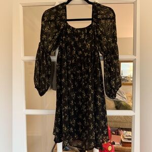 Floral Black Dress with Puff Sleeves